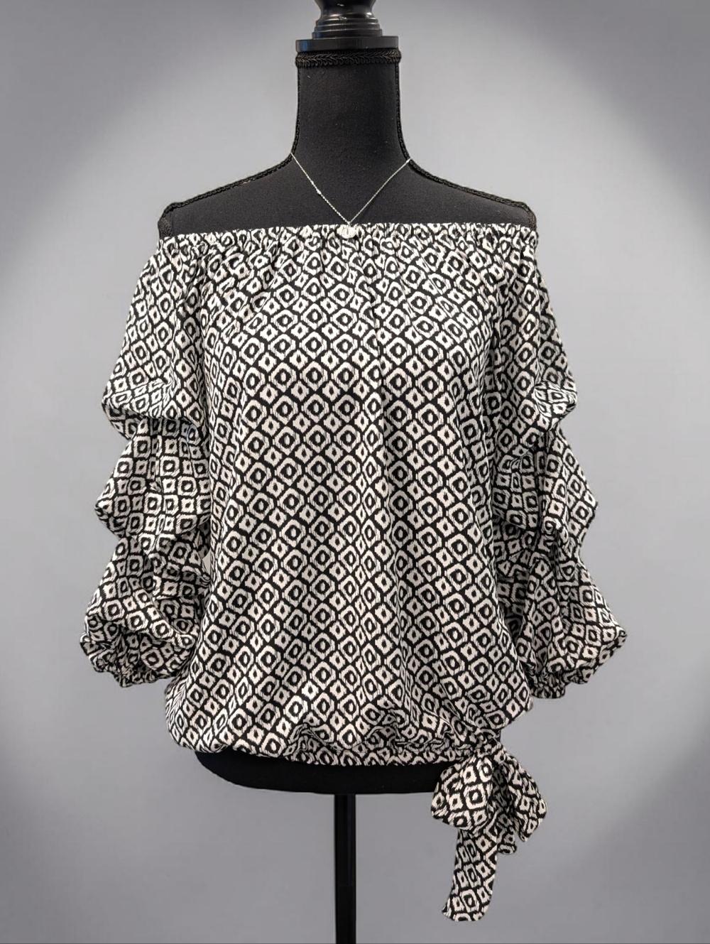 CeCe Off Shoulder Blouse Black White Geo Print Tie Front Top Size S